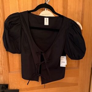 Abound Black Tie-Front Puff Sleeve Blouse